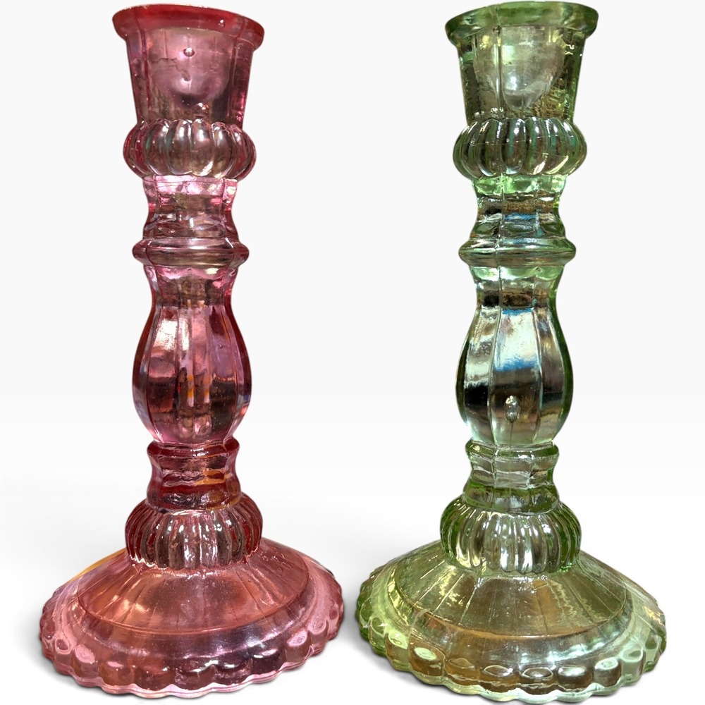 VTG Iridescent Jeannette Glass Candle Holders Pink Green Cottagecore Whimsical
